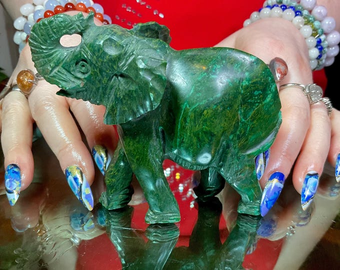 Vintage Hand Carved Verdite Elephant ~ 10 oz. ~ 4" Long ~ Detailed Carving ~ Animal Totem, Altar, Reiki Display ~ Fast & Free Shipping ~