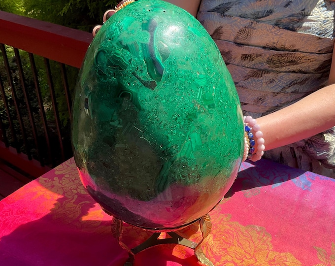 Large Hand Carved Malachite Crystal Egg: Swirling Green Mineral Display with Stand