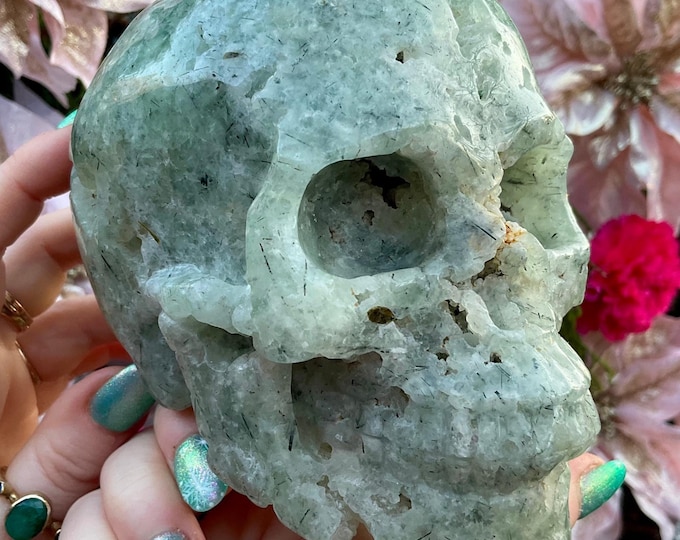 Prehnite Skull 3 Lb. 2 oz. Crystal ~ 5" Long ~ Colorful Sparkling Green, Yellow & Black with Quartz Inclusions ~ Beautiful Hand-Crafted