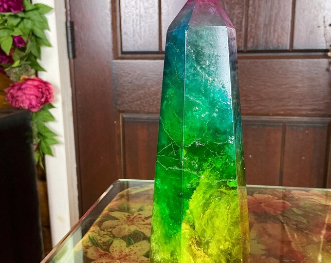 Rainbow Aura Fluorite Crystal Generator ~ Large 2 Lb. 14 oz. ~ 7 1/2" Tall Tower ~ Swirling Purple Green & Yellow Colors