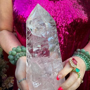 Large Clear Brazilian Quartz Crystal Generator: Silver Inclusions, Rainbows