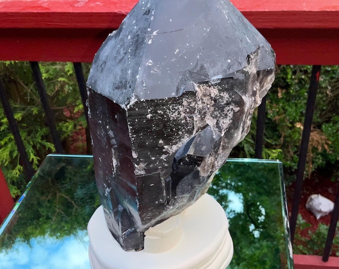 Black Morion Quartz Display Crystal 7 Lb. 4 oz.  Single-Terminated Point Cluster ~ 8" Tall ~ Natural Black Color ~ Custom Hand Carved Stand