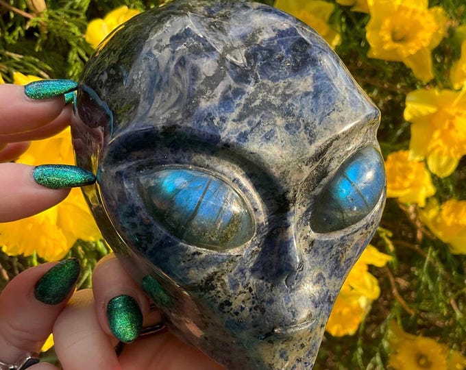 Sodalite Crystal Alien Skull ~ Large 2 Lb. 12 oz. ~ 4" Long ~ Flashing Blue Labradorite Eyes ~ One-of-a-Kind Expertly Hand Carved Sculpture