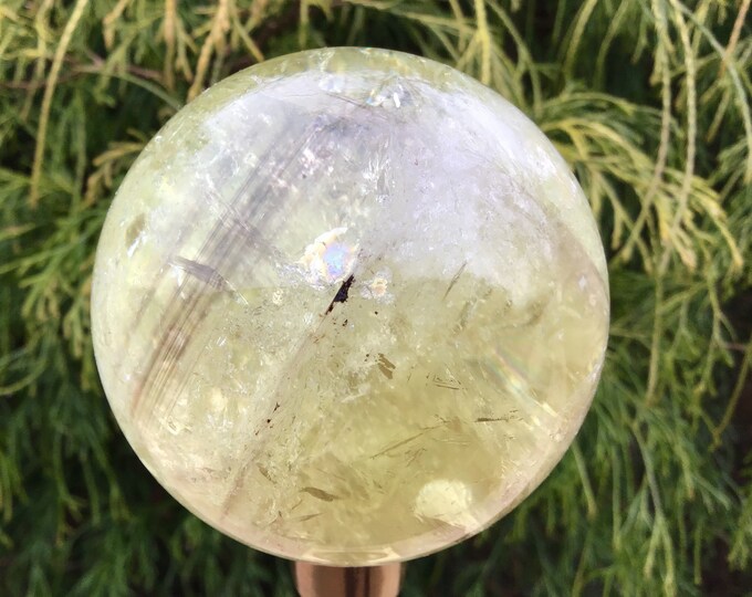Citrine Crystal Ball ~ 1 lb. Large ~ 3" Wide ~ Golden Sunshine Yellow ~ Polished Quartz Sphere ~ Smokey Prism Phantom Stripes Inclusions