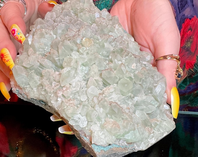 Green Apophyllite Large Crystal Cluster ~ 2 lb. 5 oz.~ 6" Long ~ Sparkling Cubic Mint Green Formation ~ Metaphysical Home Decor