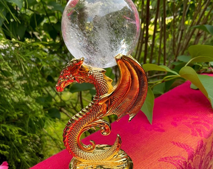 Brazilian Clear Quartz Crystal Ball ~ 5 oz. ~ 2 " Wide ~ with Golden Dragon Display Stand ~ Fast & Free Shipping from USA ~