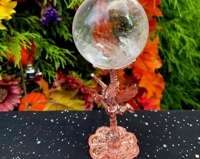 Clear Quartz Crystal Ball ~ 5 oz. ~ 2" Wide Polished Sphere ~ with Rose Gold Metal Cherub Display Stand ~ Fast & Free Shipping from U.S.A. ~