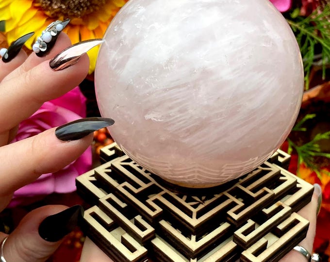 Rose Quartz Crystal Ball ~ Large 1 lb. 10 oz. ~ 3" Wide ~ w/ Sacred Geometry Decorative Display Stand ~ Fast & Free Shipping USA + Global ~