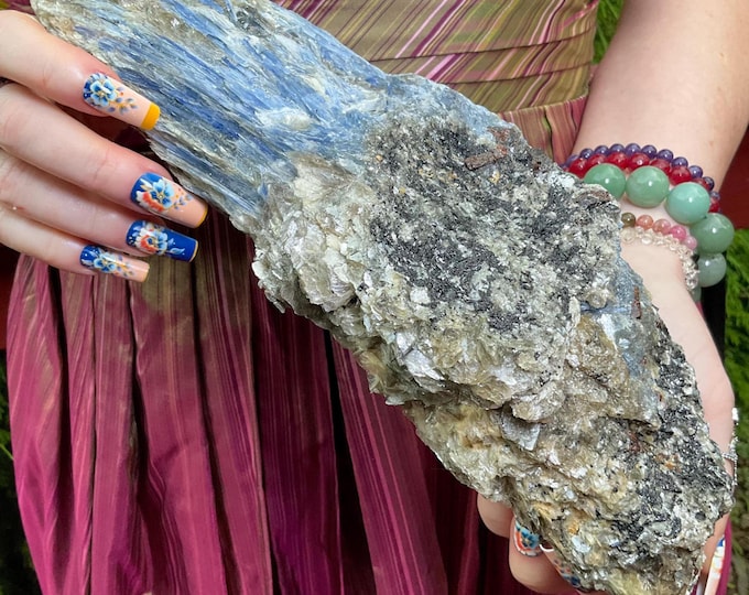 Blue Kyanite Crystal Cluster ~ Large 4 Lb. 3 oz. ~ 11" Long ~ Sparkling Garnets, Quartz & Mica ~ Altar Mineral Specimen ~ Fast Shipping