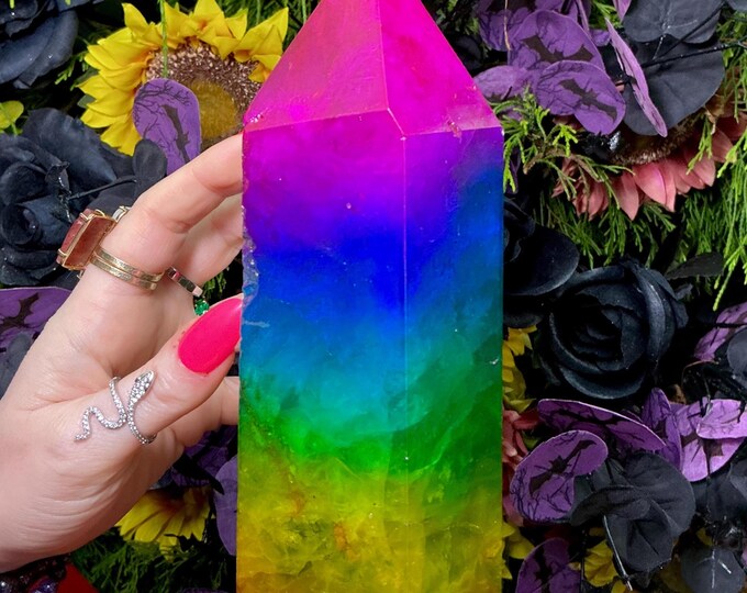 Rainbow Aura Fluorite Crystal Generator ~ 4 lb. 6 oz.~ 7 1/2" Tall Tower ~ Colorful Pink Blue Green Yellow Color ~ Fast Free Shipping U.S.A.