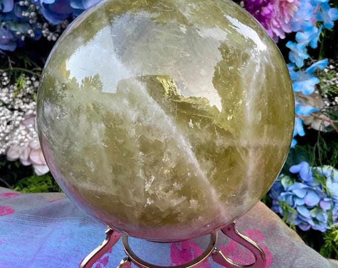 SUMMER CLEARANCE! ~ Citrine Crystal Ball w/ Brass Display Stand ~ Large 11 lb. ~ 6" Wide ~ Natural Golden Yellow & Smokey Colors ~