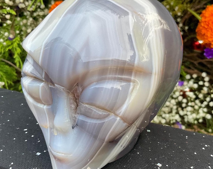 Blue Agate Alien Crystal Skull ~ Large 2 Lb. 11 oz. ~ 4" Long ~ Swirling Blue White & Gray Colors ~ One-of-a-Kind Hand Carved Sculpture