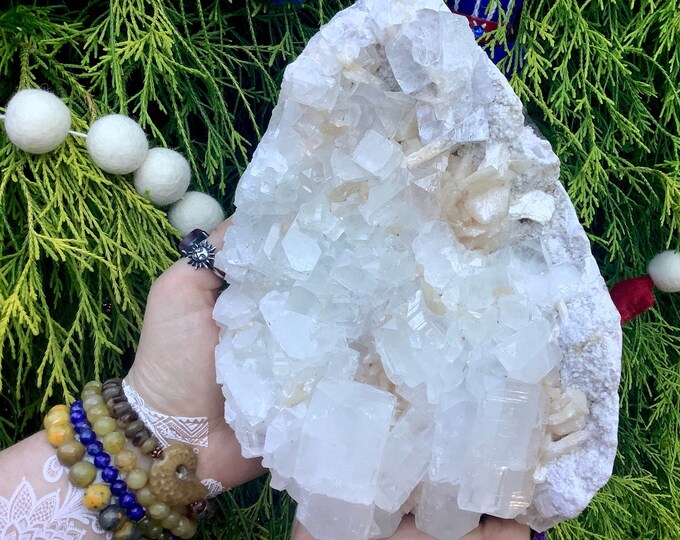 Clear Apophyllite Crystal Cluster ~ Large 5 Lb. 11 oz. ~ 8" Long ~ Peach Stilbite Inclusions ~ Crown Chakra Reiki Altar Display ~ Home Decor