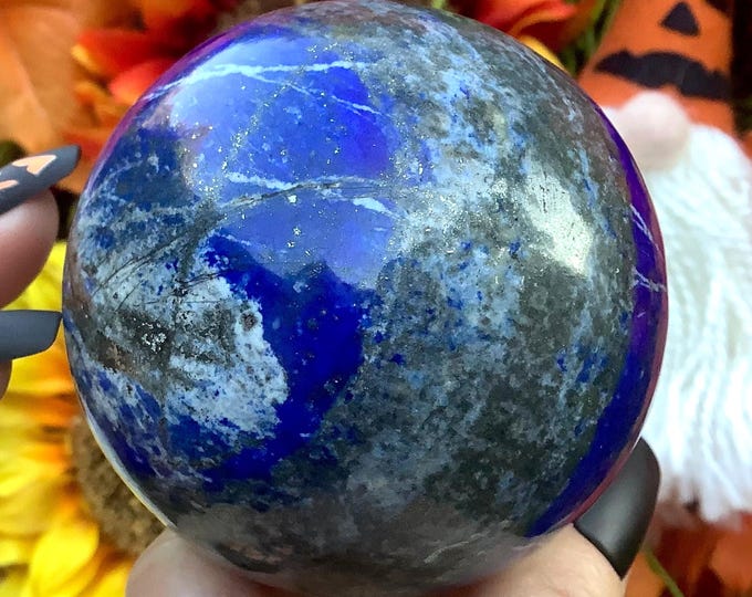 Lapis Lazuli Crystal Ball ~ Large 1 Lb. ~ 2 1/2" Wide ~ Sparkling Pyrite Inclusions ~ Indigo Blue Color ~ Third Eye Chakra Healing Altar