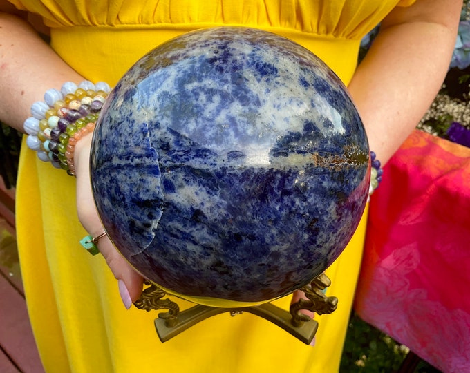 Large Sodalite Crystal Ball with Brass Display Stand (5 inch, 8 Lb)