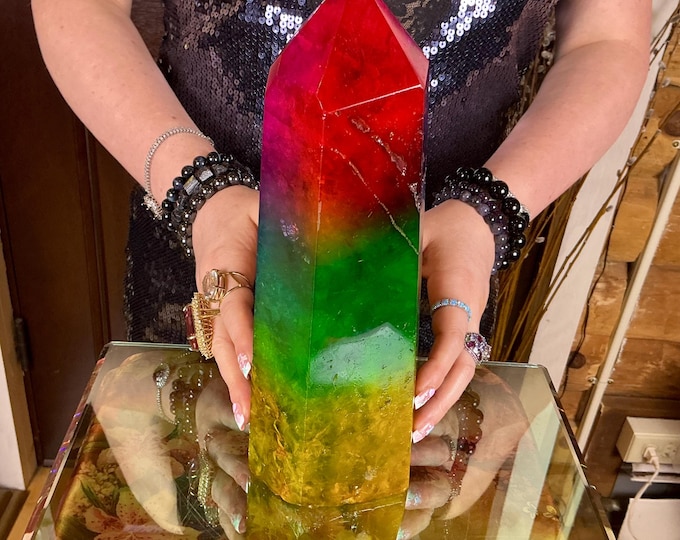 Rainbow Aura Fluorite Crystal Generator ~ 8 lb. 7 oz.~ 11" Tall Tower ~ Colorful Pink Blue Green Yellow Color ~ Fast & Free Shipping U.S.A.