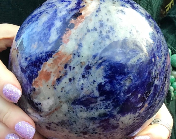 Sodalite Crystal Ball ~ Large 7 lb. 4 oz. ~ 5" Wide ~ Royal Blue, Gray, Orange Colors ~ Third Eye Chakra, Reiki, Altar Decor ~ Free Shipping