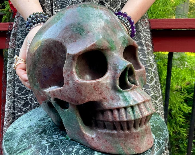 Huge 30 Lb. Red Garnet & Green Garnet (Tsavorite) Crystal Skull ~ 10" Long ~ Stunning Metaphysical Home Decor ~ Reiki, Altar, Centerpiece ~