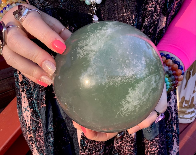 Green Fluorite Crystal Ball ~  Large 7 Lb. 11 oz. ~5 1/2" Wide ~ Sparkling Blue, Green & Clear ~ Polished Sphere ~ Home Decor, Free Shipping