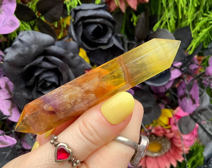 Rainbow Fluorite Double Terminated Wand ~ Large 2.2 oz. ~ 4" Long ~ Yellow, Gold, Purple ~ Fast & Free Shipping, USA + Global Shipping