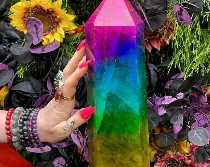 Rainbow Aura Fluorite Crystal Generator ~ 9 lb. 11 oz.~ 10" Tall Tower ~ Colorful Pink Blue Green Yellow Color ~ Fast & Free Shipping U.S.A.