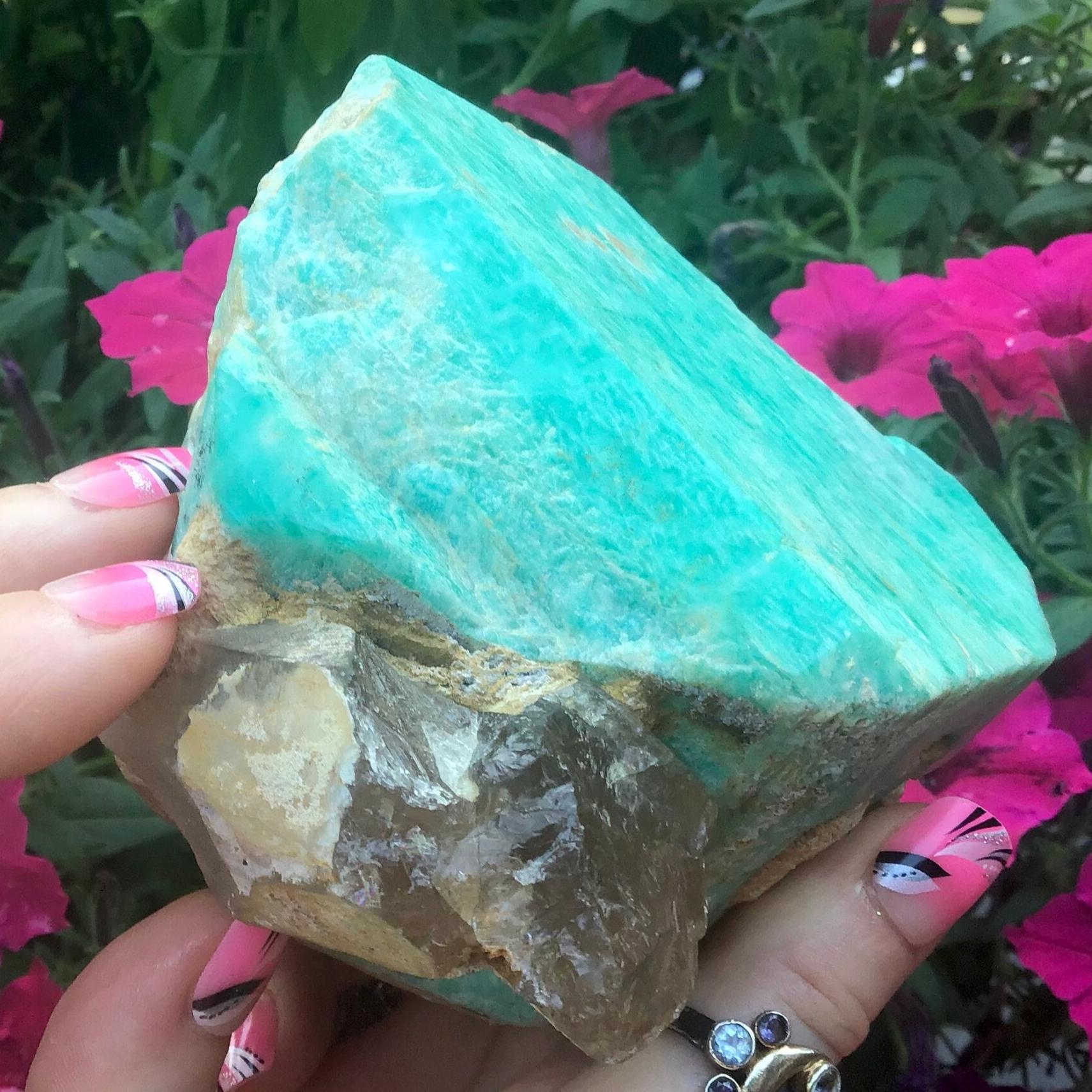 Ethiopian Amazonite Gemstone Crystal Cluster ~ Large 2 Lb. 5 oz. ~ 5" Long ~ Natural Blue Green Mineral Specimen ~ Smokey Quartz Inclusions