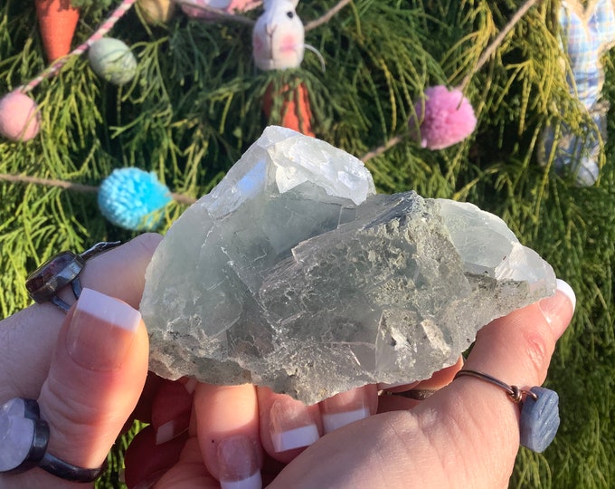 Clear Green Fluorite Crystal Cluster ~ 10 oz. ~ 4" Long ~  Colors Sparkling Mineral ~ Translucent Cubic Formation ~ Fast & Free Shipping