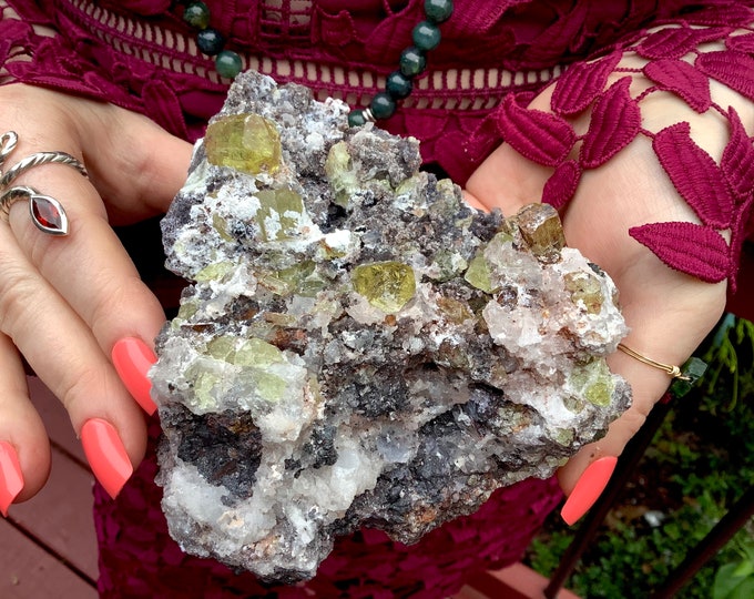 Yellow Apatite Crystal Cluster ~ Large 1 Lb. 10 oz. ~ 5" Long ~ Sparkling Golden Color ~ Feldspar Garnet Matrix ~ Fast & Free Shipping, USA