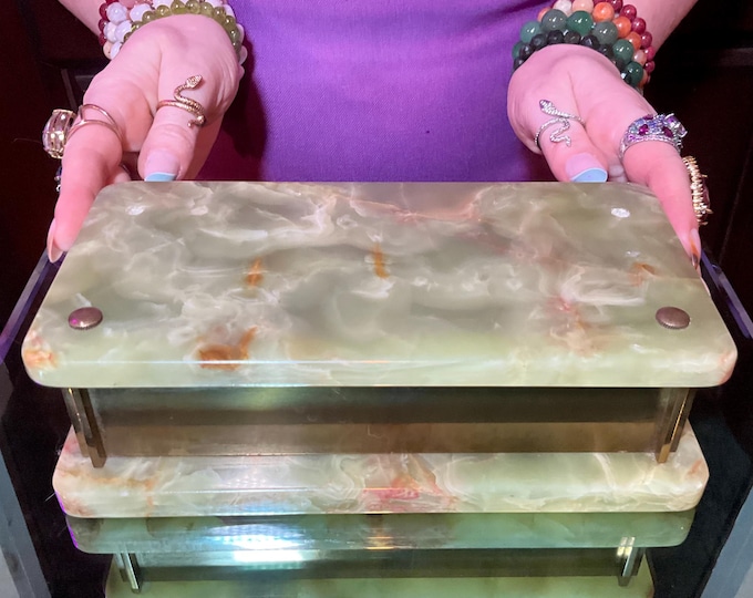 Afghan Jade Jewelry Box with Hinged Lid ~8 1/2" Long ~ Vintage Hand Carved Display Charging Box ~ Swirling Green, White & Golden Pattern