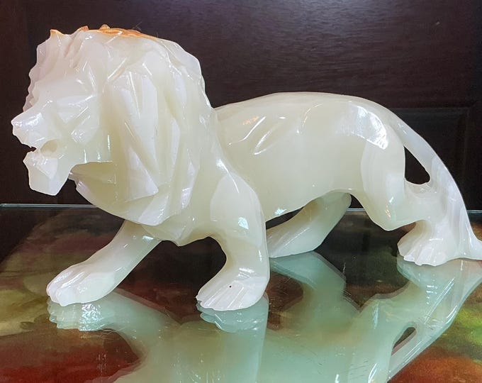 Vintage White Calcite African Lion ~ Big 3 Lb. ~ 9" Long ~ Hand Carved Museum Quality ~ Swirling White & Gold Colors Animal Totem
