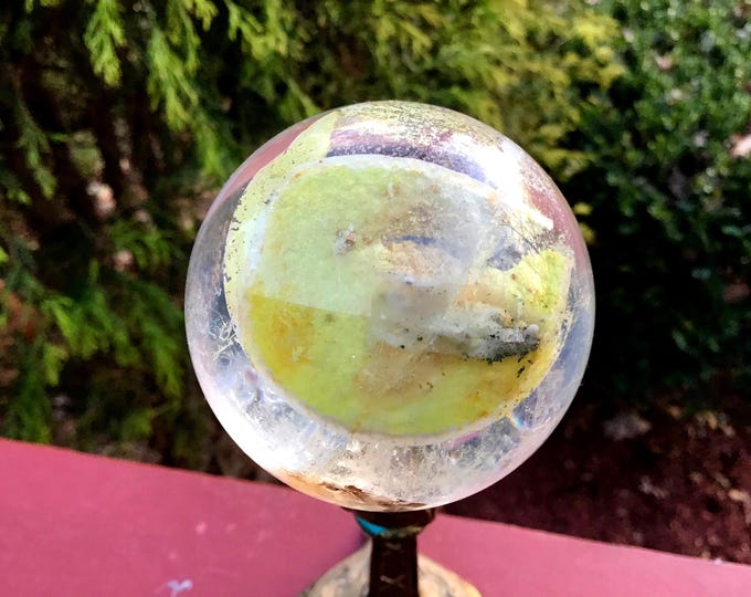 Yellow Phantom Clear Quartz Crystal Ball ~ 9.9 oz. ~ 2" Wide ~ Rare and Stunning Metaphysical Keepsake ~ Solar Plexus Chakra, Altar Decor ~
