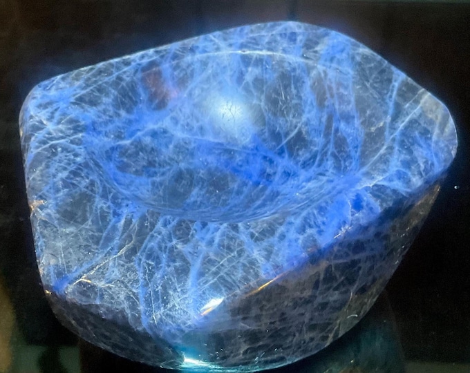 Blue Sodalite Crystal Bowl ~ Large 1 Lb. 5 oz. ~ 4" Long ~ Beautiful Blue, White & Black Polished Mineral Specimen ~ Fast and Free Shipping