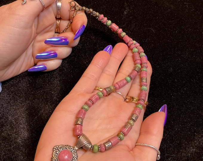 Vintage Rhodonite 18" Necklace ~ Silver & Gemstone Beads ~ Sacred Pendant Adornment