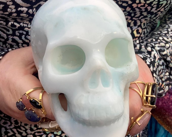 Caribbean Blue Calcite Crystal Skull ~ Large 2 Lb. 14 oz. ~ 5" Long ~ Angelic Blue & White Colors ~ Reiki Display