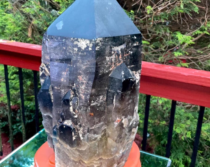 Black Morion Quartz Display Crystal 25 Lb. Single-Terminated Point Cluster ~ 12" Tall ~Natural Black Color ~ Custom Hand Carved Stand