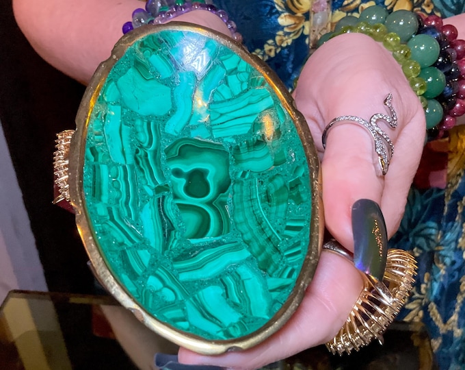 Vintage Malachite Polished Bowl ~ 3 oz. ~ 4" Long ~ Oval with Brass Trim ~ Hand Made from Congo ~ Green Swirling Bullseye Patterns