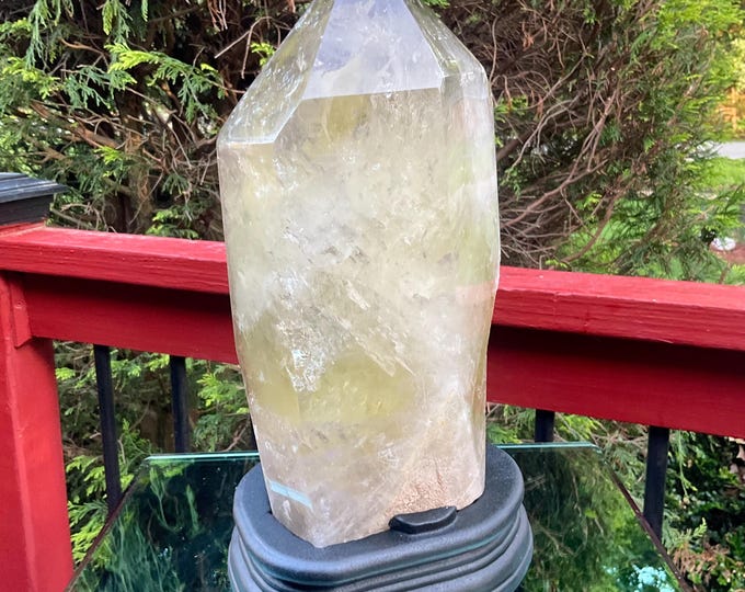 Clear Citrine Quartz Crystal Point ~ 12 Lb.  2 oz. ~ 11" Tall~ Sparkling Yellow with Golden Rainbow Inclusions ~ Custom Hand Carved Stand
