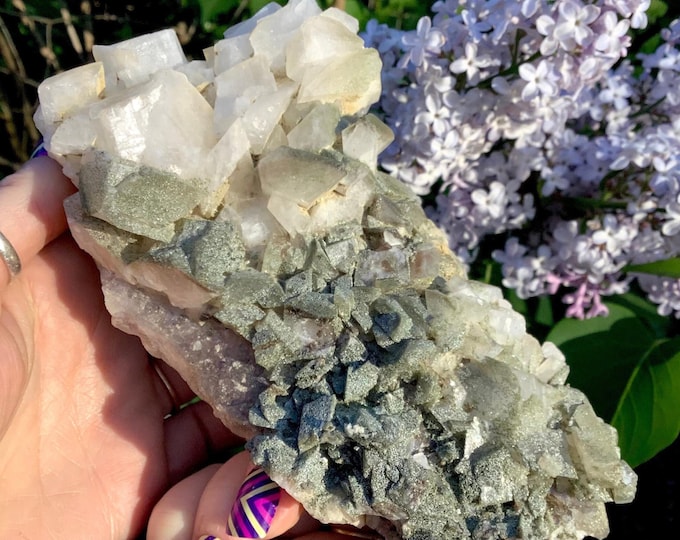 Adularia & Actinolite Himalayan Ice Quartz Crystal Cluster ~ Large 1 Lb. 3 oz. ~ 6" Long ~ Sparkling Points ~ Fast, Free Shipping from U.S.A