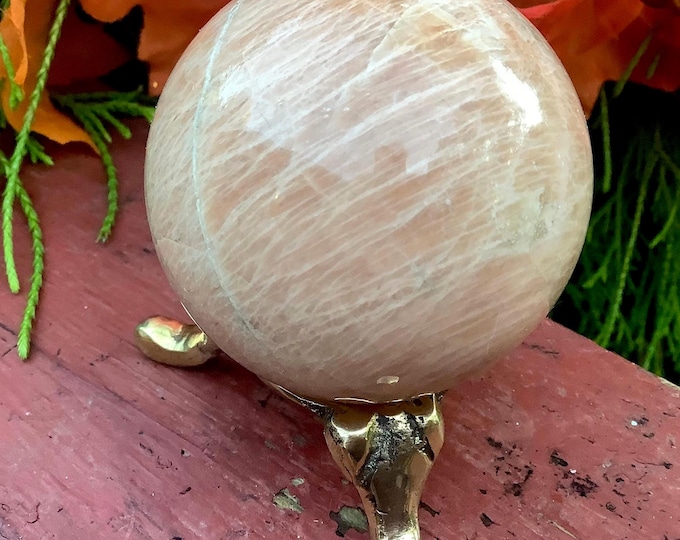 Peach Moonstone Crystal Ball w/ Brass Display Stand ~ 8 oz ~ 2" Wide ~ Flashing Iridescent Pink & White Mineral Gemstone ~ Altar, Home Decor