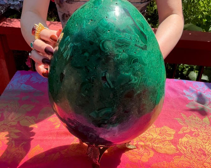 Malachite Crystal Egg ~ Large 33 lb. ~ 10" Tall ~ Hand Carved Oval w/ Display Stand, Swirling Green Bull's Eye Patterns ~ Fast Shipping, USA