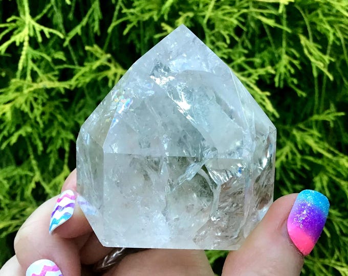 Ultra Clear Quartz Crystal Generator ~ 4.8 oz. ~ 2" Tall ~ Swirling Rainbow Inclusions ~ "Fire and Ice" Quartz ~ Free & Fast Shipping
