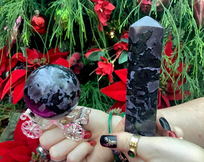 Mystic Merlinite Crystal Ball & Tower with Stand ~ Indigo Gabbro Gift Set, Generator and Sphere Display ~ Free Gift-Wrapping ~ Fast Shipping