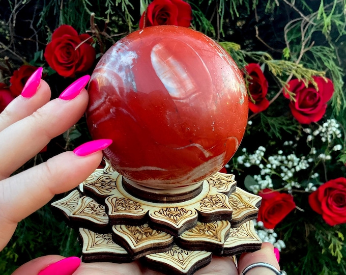 Red Jasper Crystal Ball w/ Wooden Lotus Flower Display Stand ~ Large 1 Lb. 4 oz. ~ 3" Wide ~ Root Chakra Healing Altar, Reiki, Home Decor ~