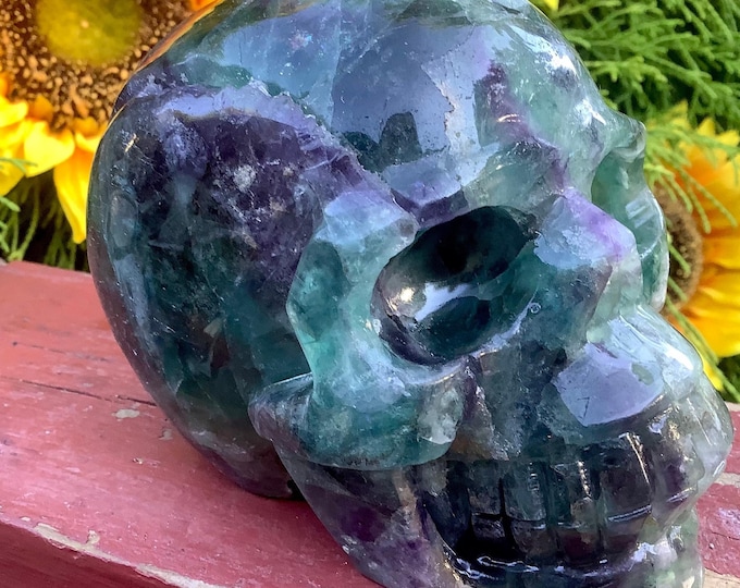 CLEARANCE ~ Rainbow Fluorite Crystal Skull ~ Large 2 Lb. 13 oz. ~ 4" Long ~ Hand Carved ~ Translucent Blue, Green, Clear Sculpture ~