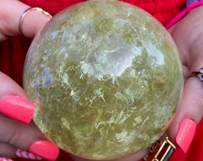 Citrine Crystal Ball ~ 1 Lb. 6 oz. ~ 3" Wide ~ Sparkling Rainbow and Prism Inclusions ~ Natural Golden Yellow Color ~ Fast & Free Shipping