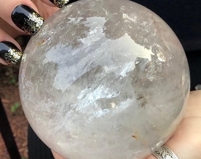 Quartz Large 2 Lb. 11 oz. Ultra Clear Crystal Ball ~ 3 1/2" Wide Sphere ~ Sparkling Rainbow Inclusions ~ Reiki, Altar, Feng Shui Display