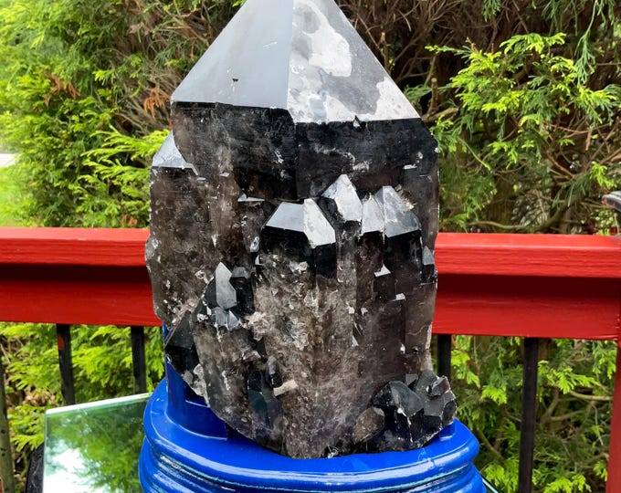 Black Morion Quartz Display Crystal 21 Lb. 11 oz.  Single-Terminated Point Cluster ~11" Tall ~Natural Black Color ~ Custom Hand Carved Stand