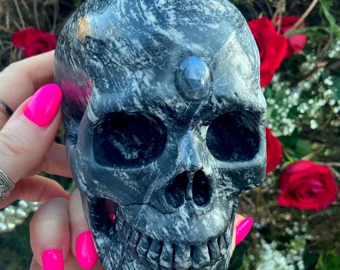 Picasso Jasper Crystal Skull ~ Large 2 Lb. 12 oz. ~ 5" Long ~ One-of-a-Kind Carving ~ w/ Labradorite Third Eye ~ Fast & Free Shipping, USA ~