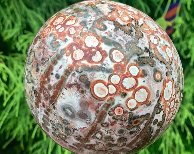 Orbicular Ocean Jasper Crystal Ball ~ Large 9 oz. ~ 2 1/2" Wide ~ Red, White, Orange, Pink Pastel Colors ~ Fast & Free Shipping, USA