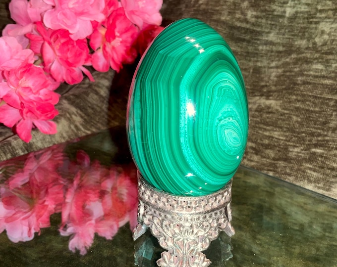 Malachite Egg Large 15 oz. with Stand ~3" Tall ~ Hand Carved from Congo Africa ~ Swirling Bull's Eyes